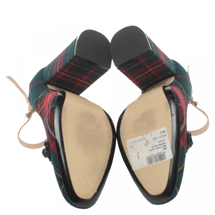مملوكة مسبقًا N21 Green Check Fabric Mary Jane Pumps Size 38.5