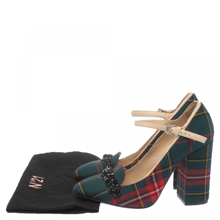مملوكة مسبقًا N21 Green Check Fabric Mary Jane Pumps Size 38.5