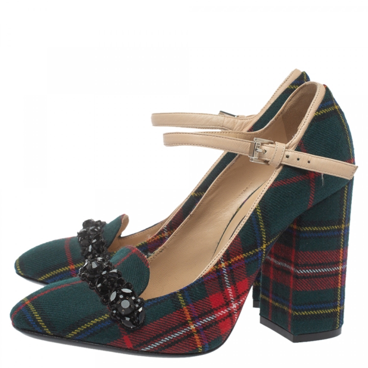 مملوكة مسبقًا N21 Green Check Fabric Mary Jane Pumps Size 38.5