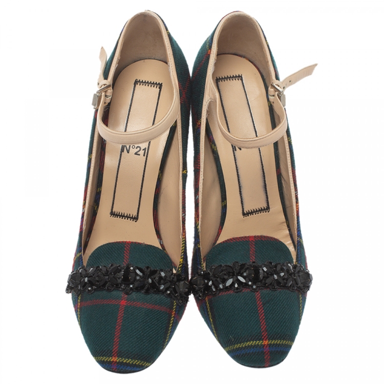 مملوكة مسبقًا N21 Green Check Fabric Mary Jane Pumps Size 38.5