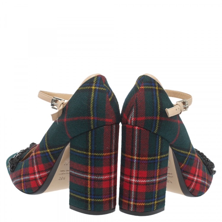 مملوكة مسبقًا N21 Green Check Fabric Mary Jane Pumps Size 38.5