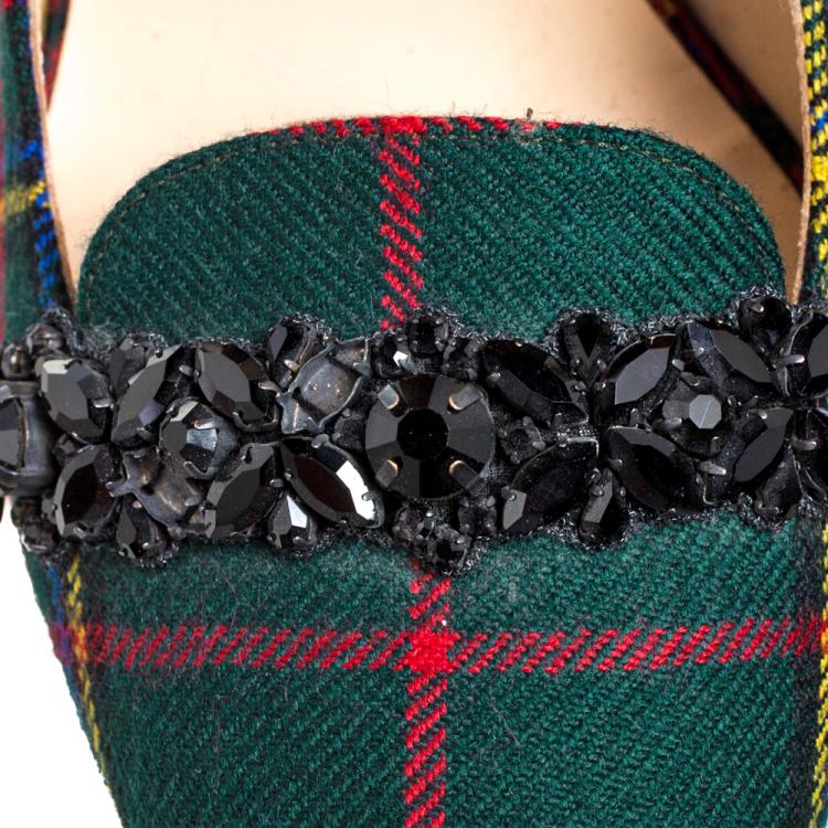 مملوكة مسبقًا N21 Green Check Fabric Mary Jane Pumps Size 38.5