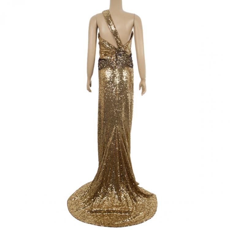 Pre Owned Naeem Khan Gold Sequin Embellished Gown L