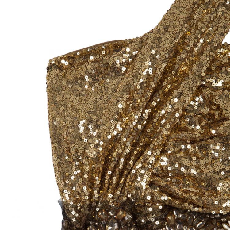 Pre Owned Naeem Khan Gold Sequin Embellished Gown L