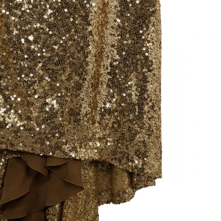 Pre Owned Naeem Khan Gold Sequin Embellished Gown L