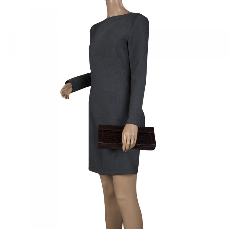 Pre Owned Nancy Gonzalez Dark Brown Crocodile Flap Clutch
