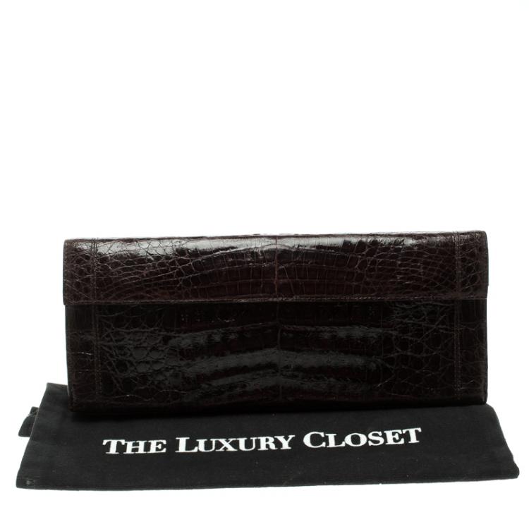 Pre Owned Nancy Gonzalez Dark Brown Crocodile Flap Clutch
