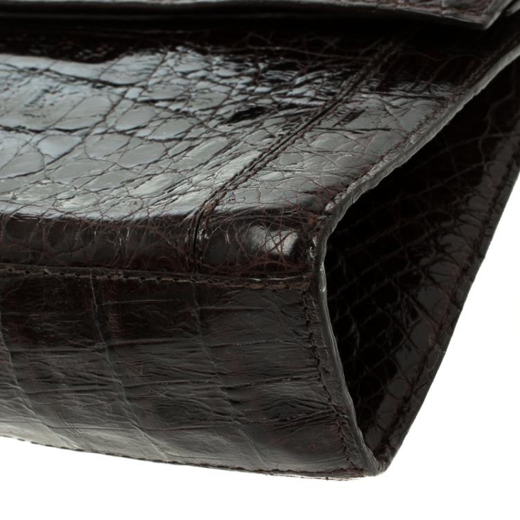 Pre Owned Nancy Gonzalez Dark Brown Crocodile Flap Clutch