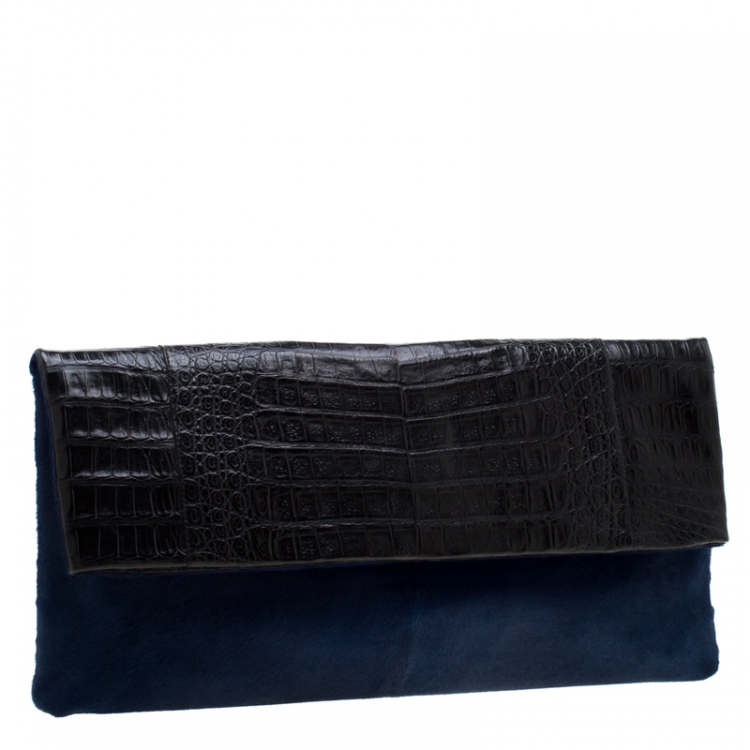مملوكة مسبقًا Nancy Gonzalez Black/Blue Crocodile and Calfhair Clutch