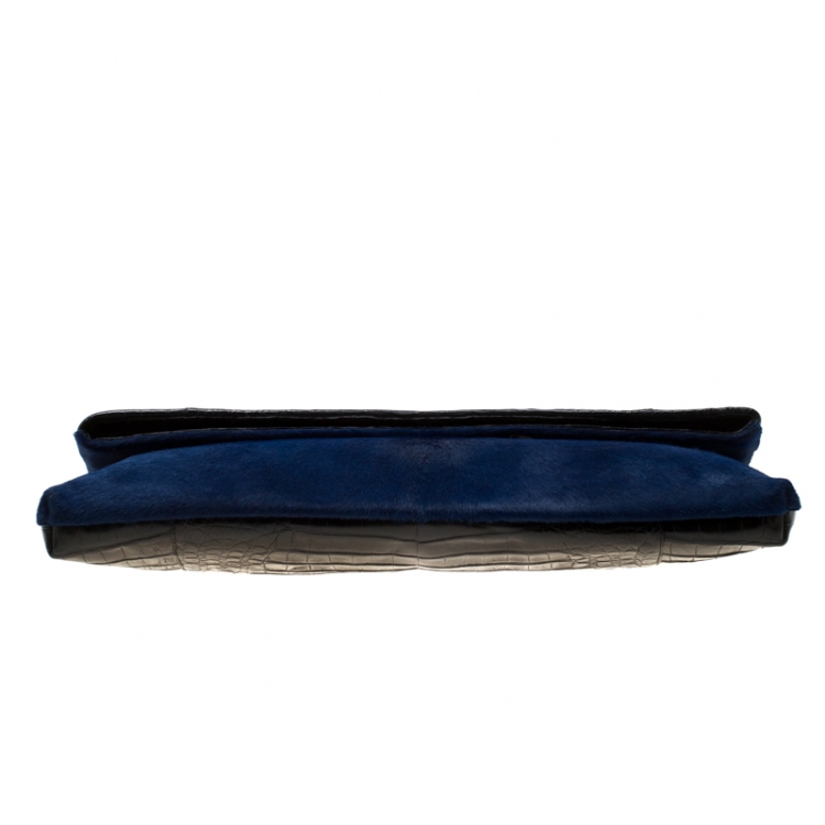 مملوكة مسبقًا Nancy Gonzalez Black/Blue Crocodile and Calfhair Clutch