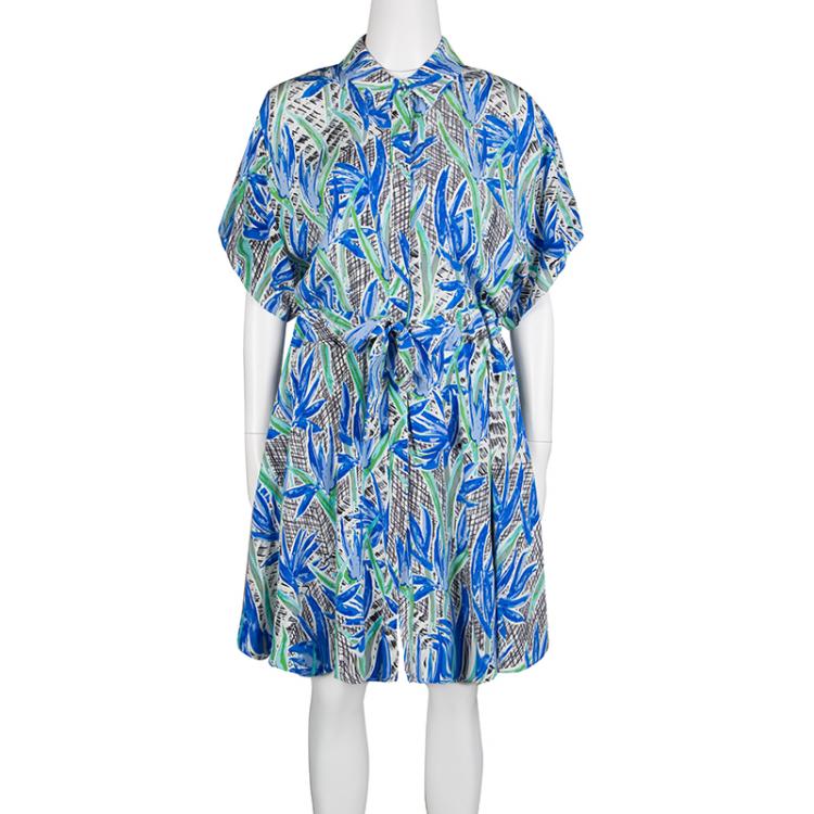 Pre Owned Kenzo Multicolor Printed Silk Short Sleeve Belted Shirt Dress L