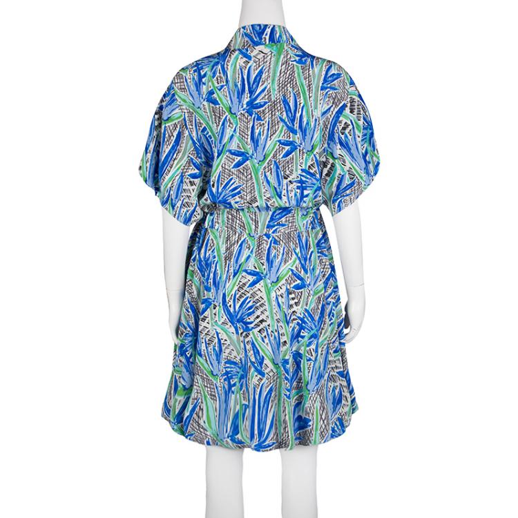 Pre Owned Kenzo Multicolor Printed Silk Short Sleeve Belted Shirt Dress L