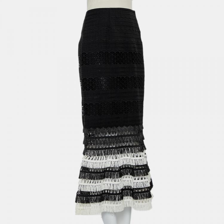 Pre Owned Jonathan Simkhai Black/White Fringed Macramé Midi Skirt M