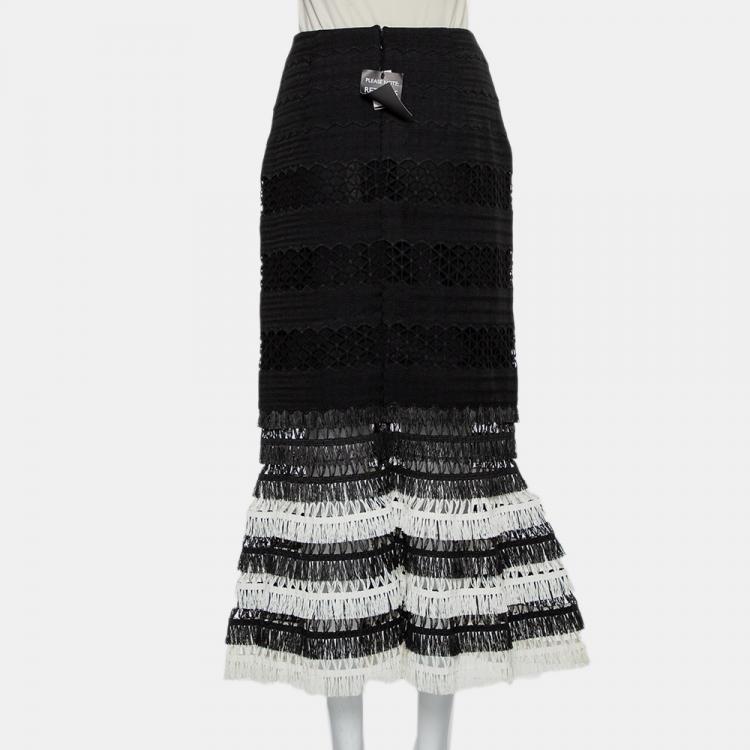 Pre Owned Jonathan Simkhai Black/White Fringed Macramé Midi Skirt M