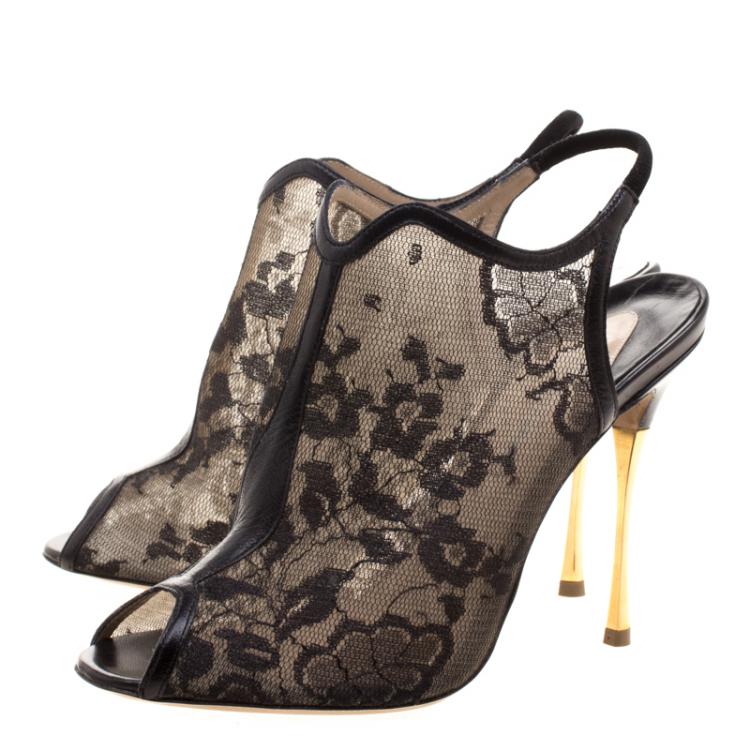 Pre Owned Nicholas Kirkwood Black Lace and Leather Peep Toe Sandals Size 38