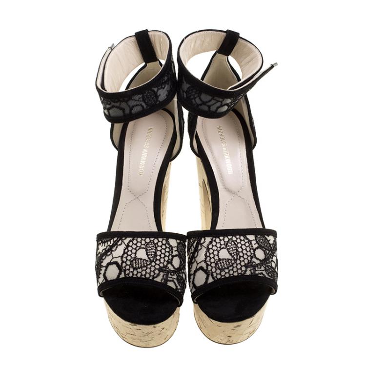 Pre Owned Nicholas Kirkwood Black Lace Maya Pearl Platform Ankle Strap Sandals Size 37.5