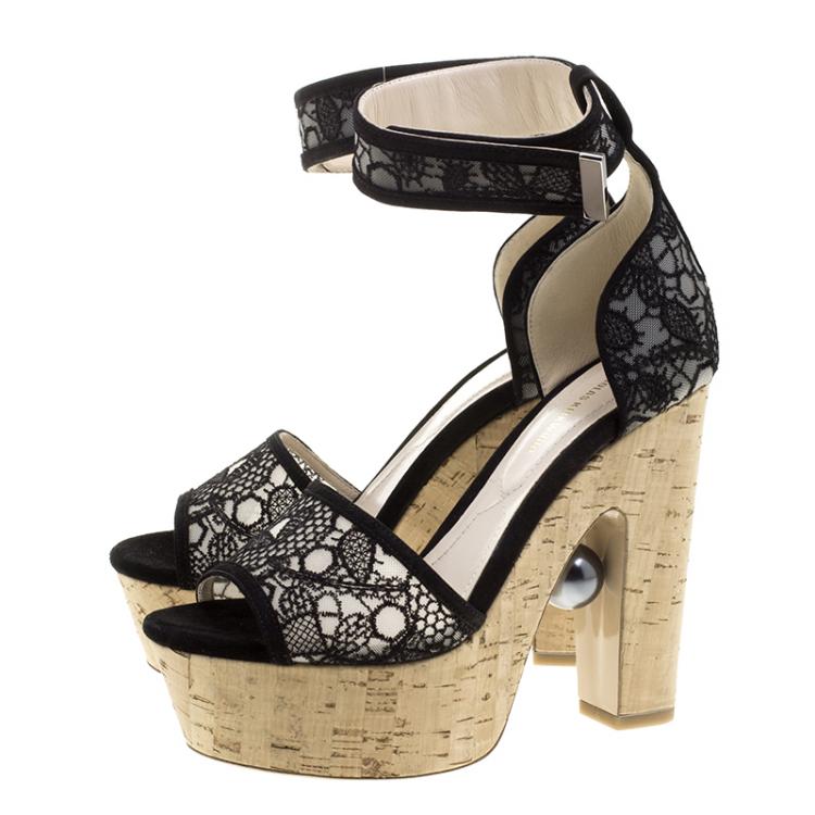 Pre Owned Nicholas Kirkwood Black Lace Maya Pearl Platform Ankle Strap Sandals Size 37.5