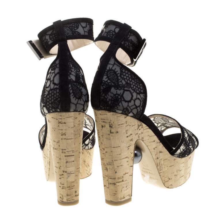 Pre Owned Nicholas Kirkwood Black Lace Maya Pearl Platform Ankle Strap Sandals Size 37.5