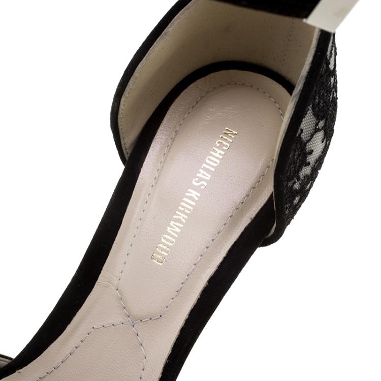 Pre Owned Nicholas Kirkwood Black Lace Maya Pearl Platform Ankle Strap Sandals Size 37.5