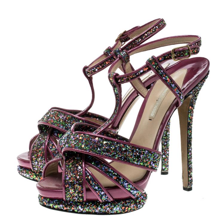 Pre Owned Nicholas Kirkwood Magenta Patent Leather and Glitter T Strap Platform Sandals Size 40