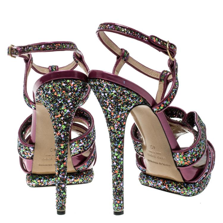 Pre Owned Nicholas Kirkwood Magenta Patent Leather and Glitter T Strap Platform Sandals Size 40