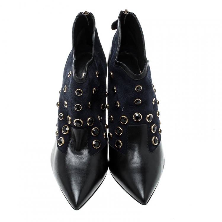 Pre Owned Nicholas Kirkwood Navy Blue Crystal Embellished Suede and Leather Pointed Toe Ankle Boots Size 39