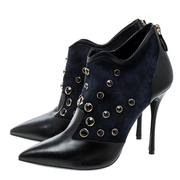 Pre Owned Nicholas Kirkwood Navy Blue Crystal Embellished Suede and Leather Pointed Toe Ankle Boots Size 39