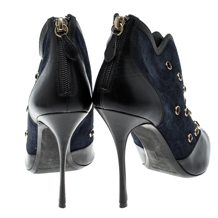 Pre Owned Nicholas Kirkwood Navy Blue Crystal Embellished Suede and Leather Pointed Toe Ankle Boots Size 39