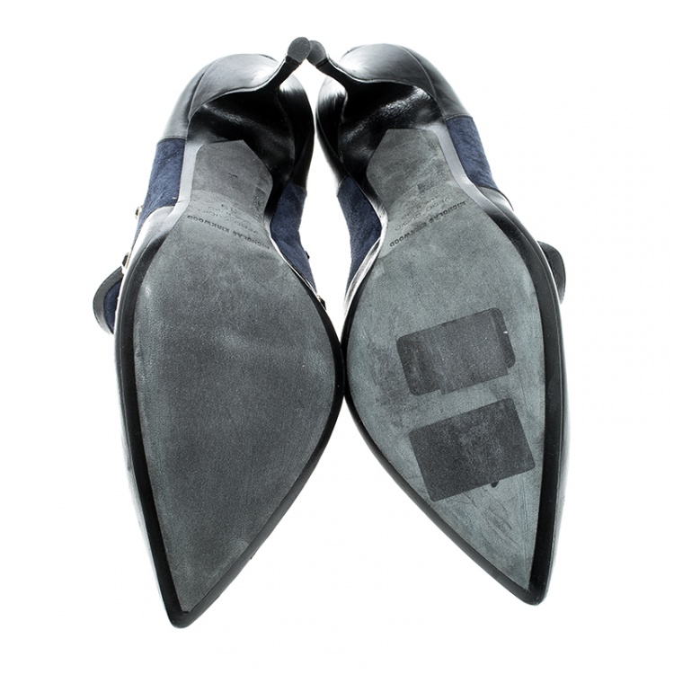 Pre Owned Nicholas Kirkwood Navy Blue Crystal Embellished Suede and Leather Pointed Toe Ankle Boots Size 39