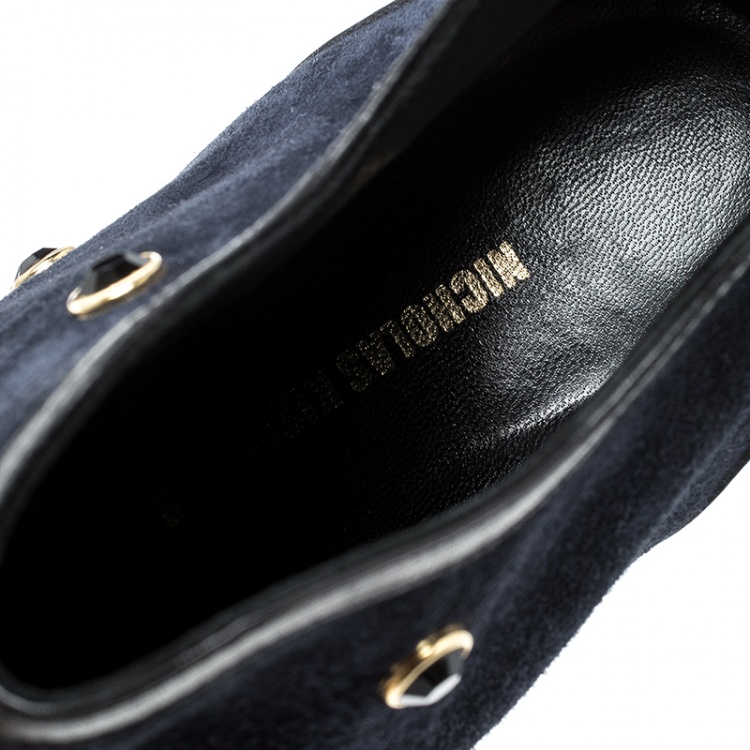 Pre Owned Nicholas Kirkwood Navy Blue Crystal Embellished Suede and Leather Pointed Toe Ankle Boots Size 39