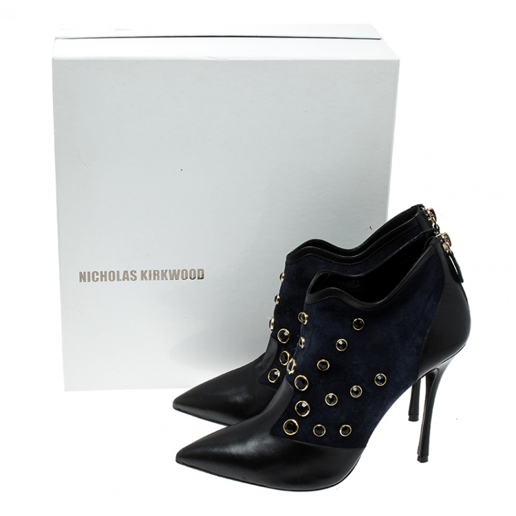 Pre Owned Nicholas Kirkwood Navy Blue Crystal Embellished Suede and Leather Pointed Toe Ankle Boots Size 39