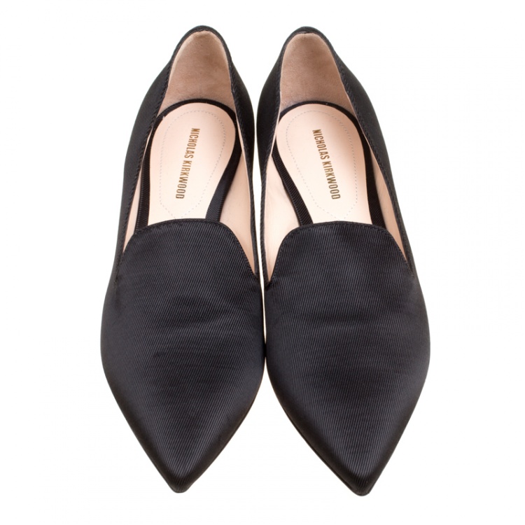 Pre Owned Nicholas Kirkwood Black Satin Casati Faux Pearl Heel Pointed Toe Loafers Size 36.5