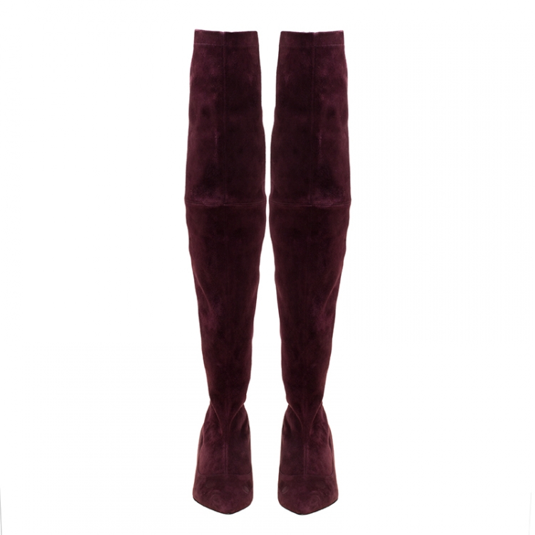 Pre Owned Nicholas Kirkwood Burgundy Suede Spike Stud Heel Over The Knee Boots Size 38