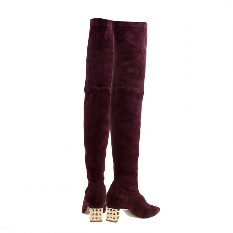 Pre Owned Nicholas Kirkwood Burgundy Suede Spike Stud Heel Over The Knee Boots Size 38