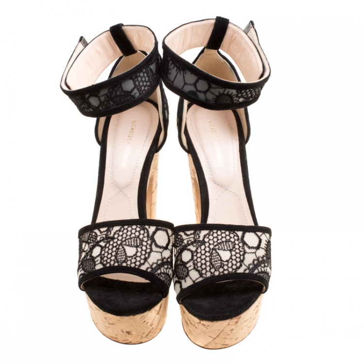 Pre Owned Nicholas Kirkwood Black Lace Maya Pearl Platform Ankle Strap Sandals Size 38