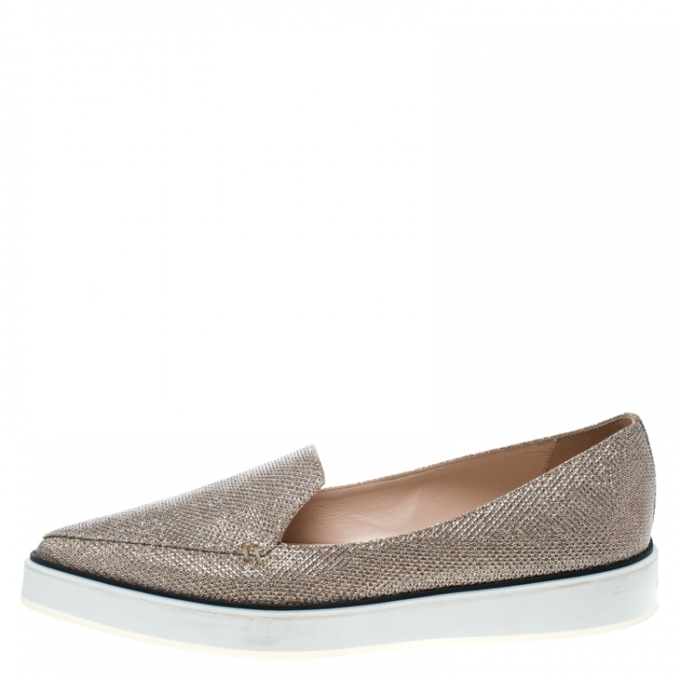 Pre Owned Nicholas Kirkwood Metallic Light Gold Glitter Fabric Alona Pointed Toe Loafers Size 40