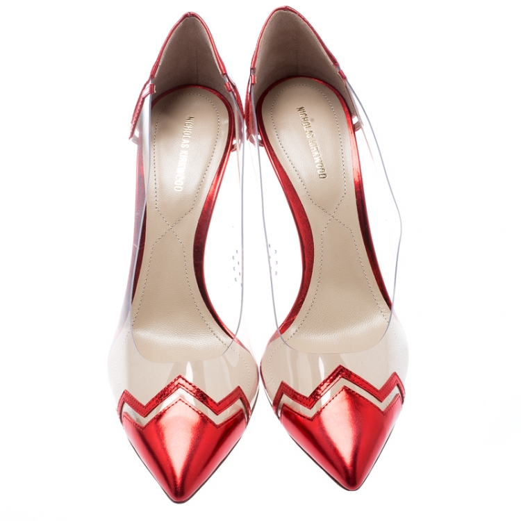 Pre Owned Nicholas Kirkwood Red Metallic Leather And PVC Pointed Toe Pumps Size 40