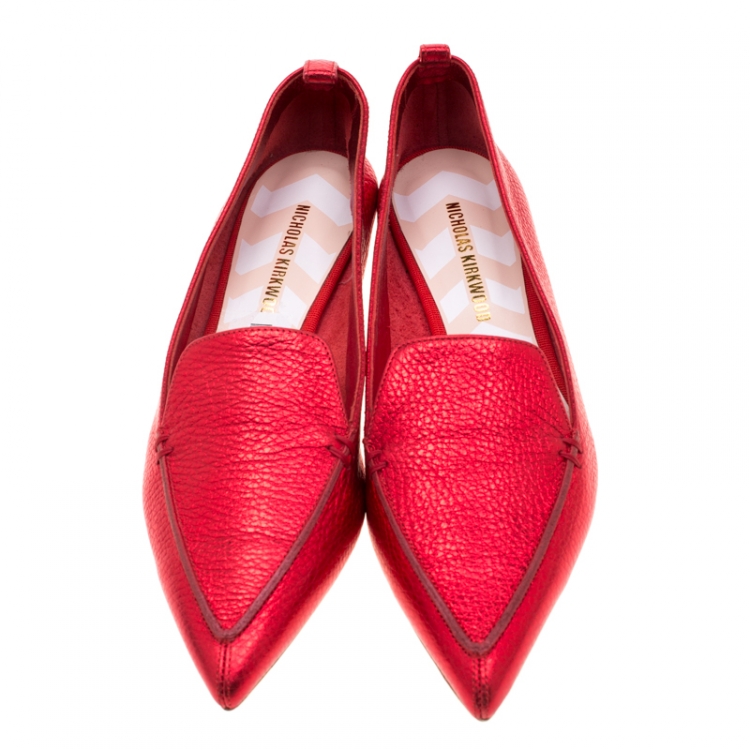 Pre Owned Nicholas Kirkwood Metallic Red Leather Beya Pointed Toe Flats Size 38