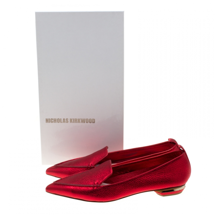 Pre Owned Nicholas Kirkwood Metallic Red Leather Beya Pointed Toe Flats Size 38