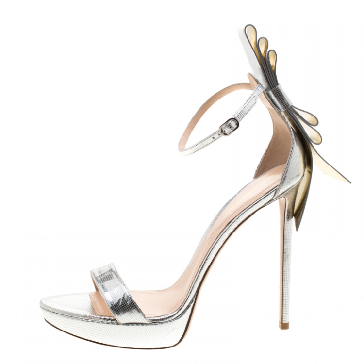 Pre Owned Nicholas Kirkwood Metallic Silver Textured Leather Faye Platform Open Toe Sandals Size 41