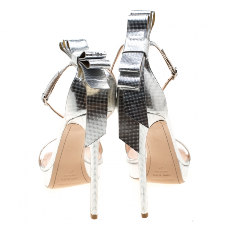 Pre Owned Nicholas Kirkwood Metallic Silver Textured Leather Faye Platform Open Toe Sandals Size 41
