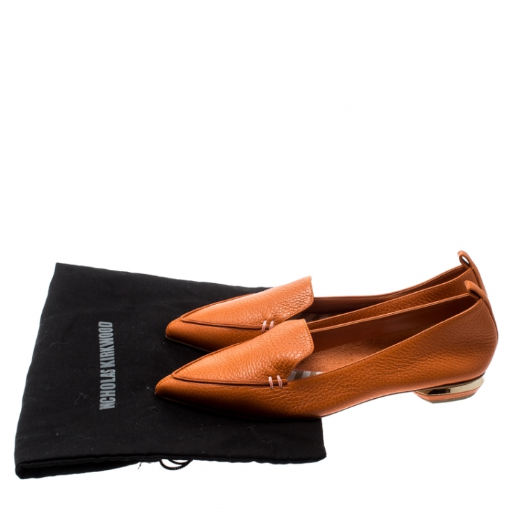 Pre Owned Nicholas Kirkwood Orange Leather Beya Pointed Toe Flats Size 36.5