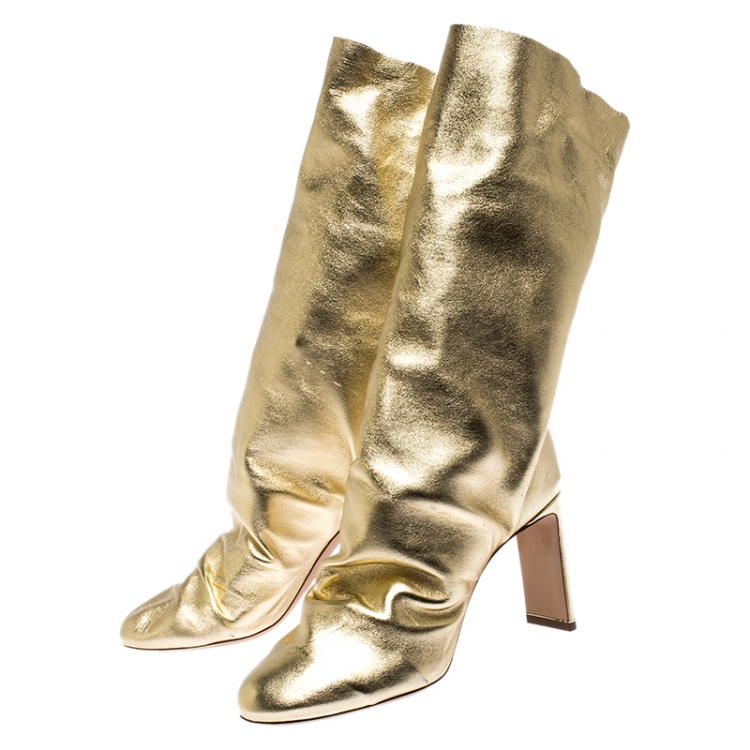 Pre Owned Nicholas Kirkwood Metallic Gold Leather D'arcy Ruched Ankle Boots Size 38.5