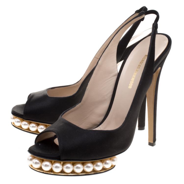 Pre Owned Nicholas Kirkwood Black Satin And Pearl Embellished Platform Slingback Sandals Size 40
