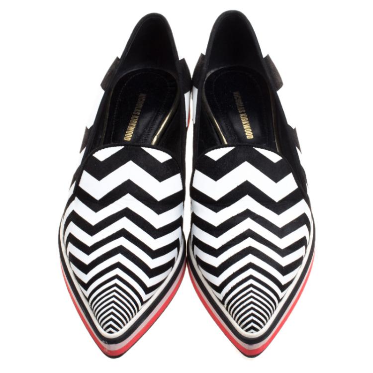 Pre Owned Nicholas Kirkwood Black/White Zig Zag Print Leather Slip On Sneakers Size 37