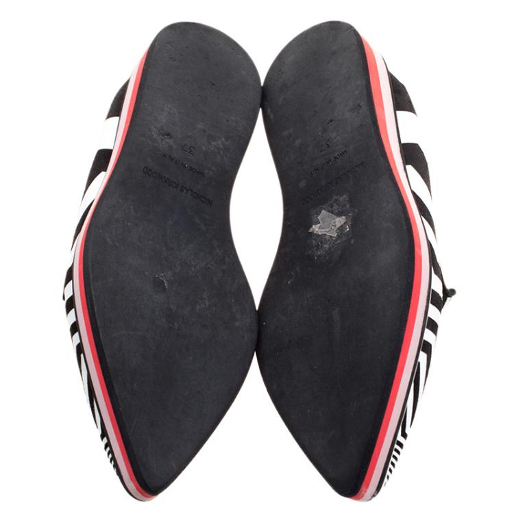 Pre Owned Nicholas Kirkwood Black/White Zig Zag Print Leather Slip On Sneakers Size 37