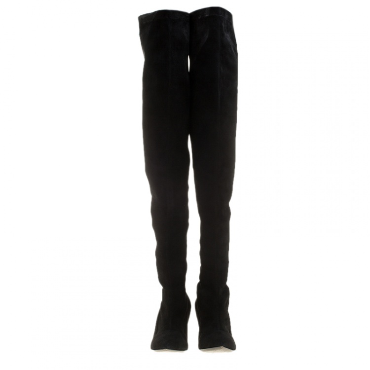 Pre Owned Nicholas Kirkwood Black Stretch Suede Maeva Faux Pearl Embellished Heel Over The Knee Boots Size 41