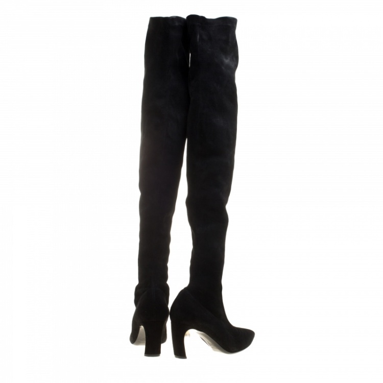 Pre Owned Nicholas Kirkwood Black Stretch Suede Maeva Faux Pearl Embellished Heel Over The Knee Boots Size 41