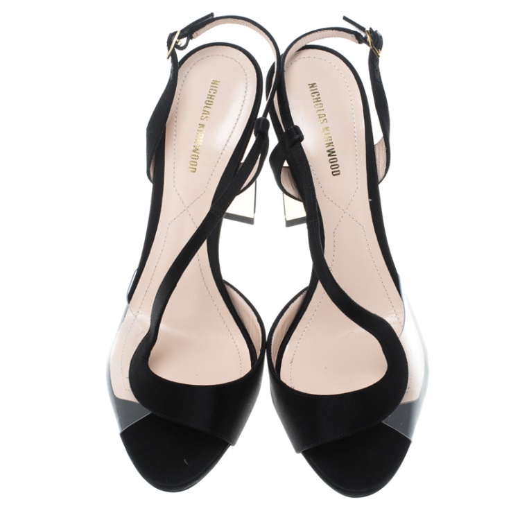 Pre Owned Nicholas Kirkwood Black Satin and PVC Maeva Faux Pearl Embellished Peep Toe Sandals Size 39