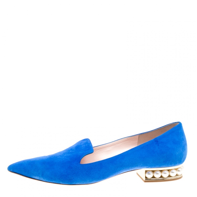 Pre Owned Nicholas Kirkwood Blue Suede Casati Faux Pearl Heel Pointed Toe Loafers Size 39